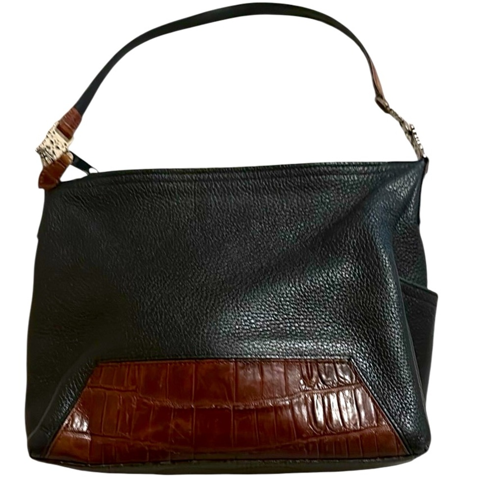 Brighton Vintage two tone handbag, brown / black , silver handle insets 11”x9x4”